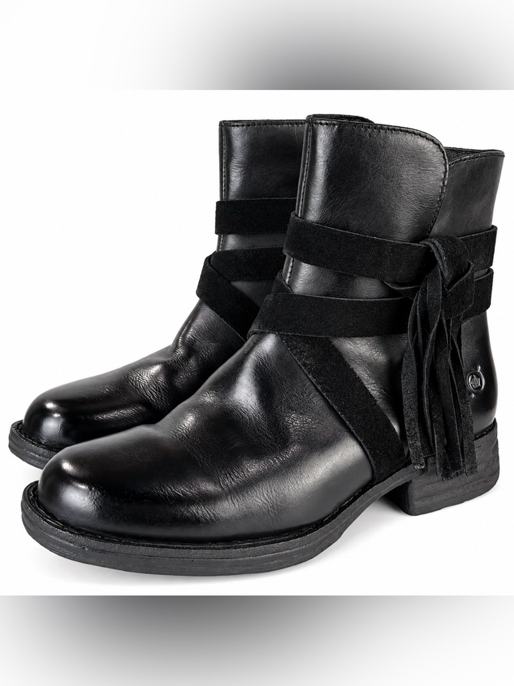Born Perl Black Leather Side Zipper Suede Details Moto Boots 9.5 winter